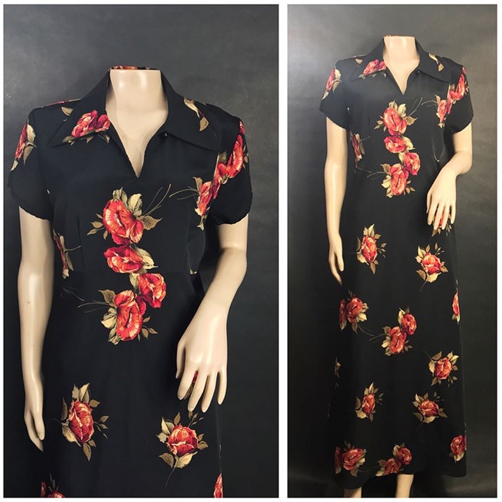 Vintage 90s Rose Print Black Dress